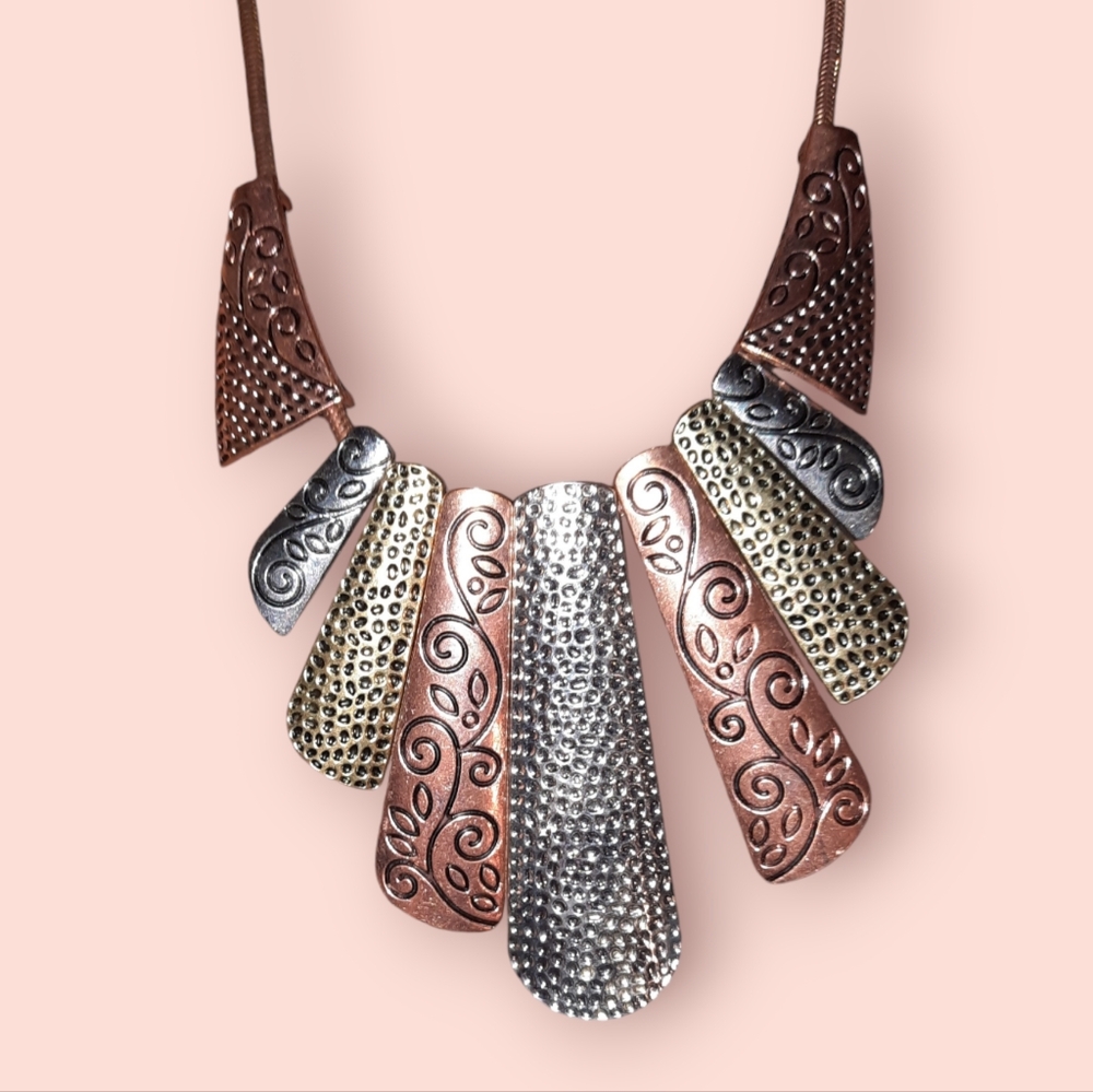 Statement Mixed metal panel Etched necklace adjustable length tri color